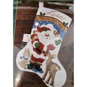Christmas Bucilla Santa & Animals Felt Applique Embroidery Stocking 32709